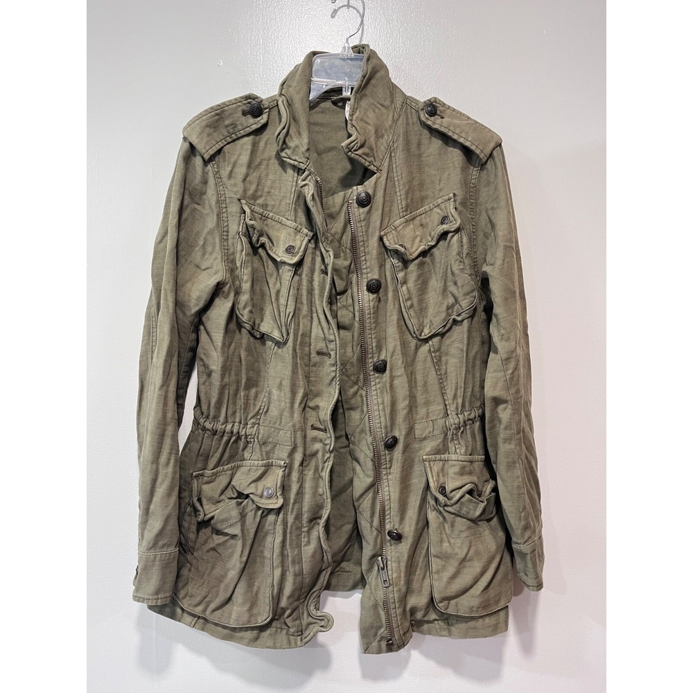 Free People Women's Army Green Military Style Jacket With Button Closures & Mult